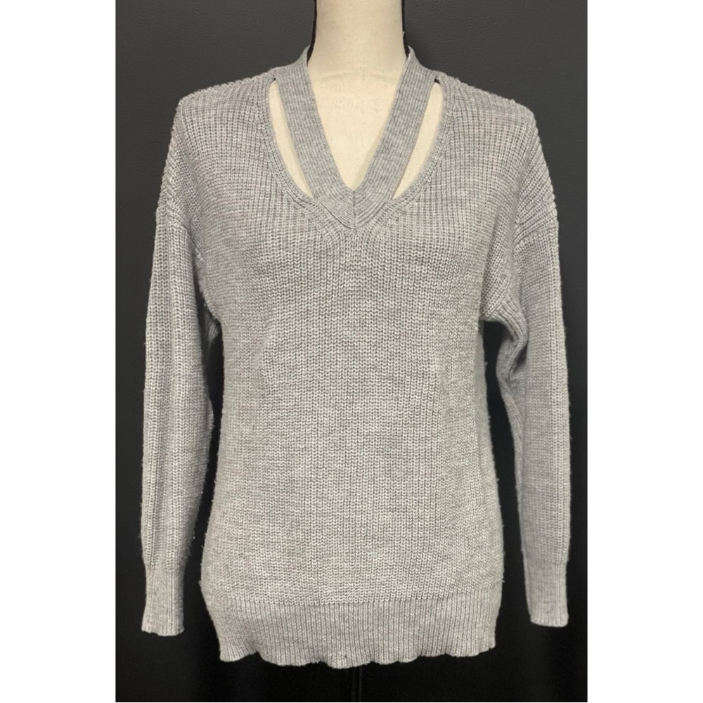 V-Neck Acrylic Knit Sweater Gray Size S